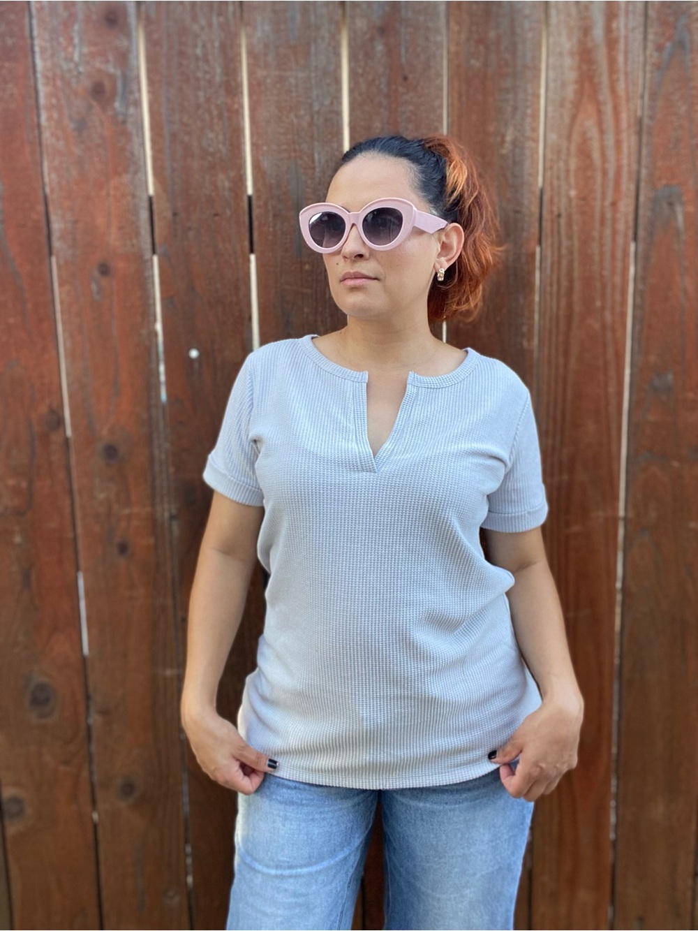 Women’s Short Sleeve Waffle Knit Top in Light Gray
